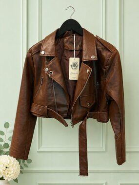 Geschallino Brown Cropped Faux Leather Moto Jacket